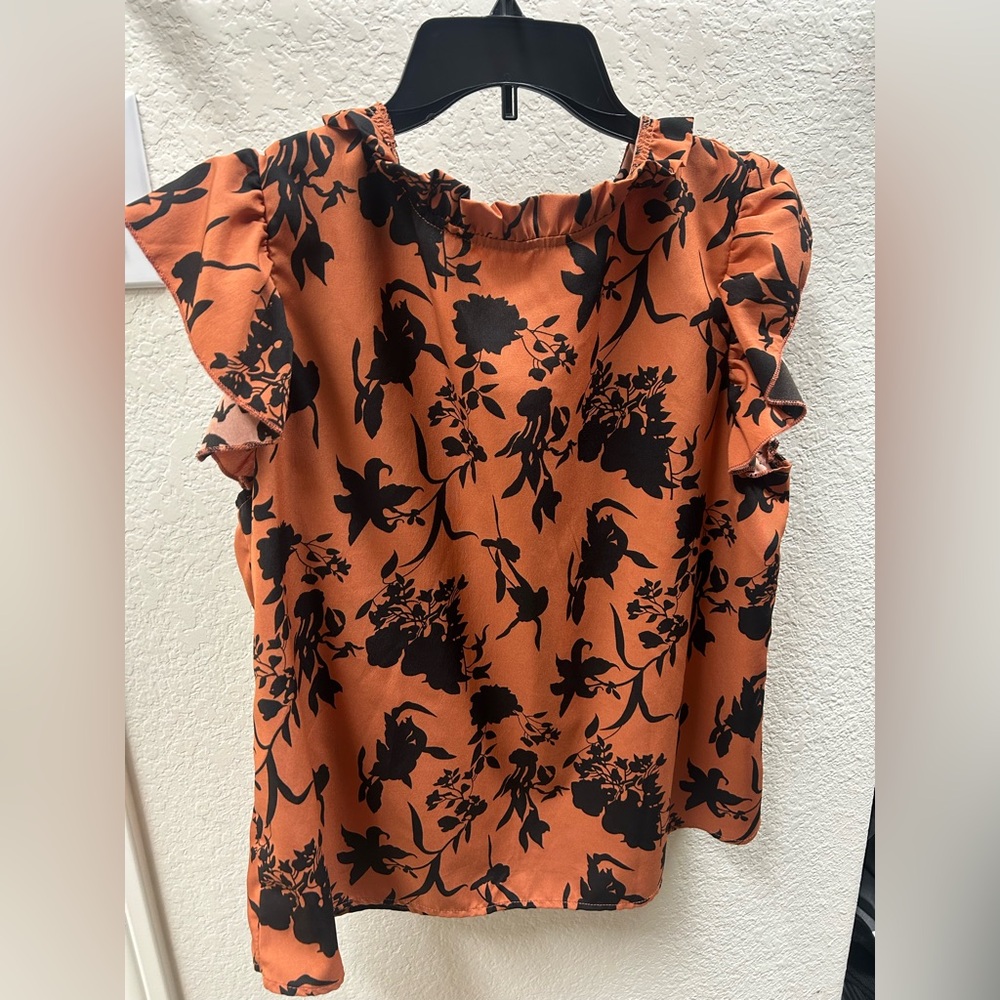 Floral Ruffle Sleeve Top - Black and Orange